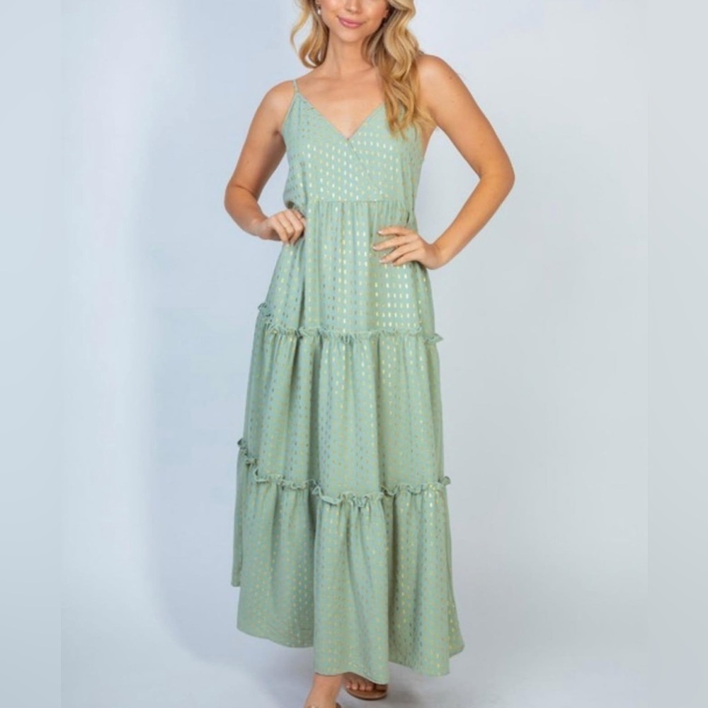 White Birch Green & Gold Tiered Maxi Dress | NWT Boutique | Size XL